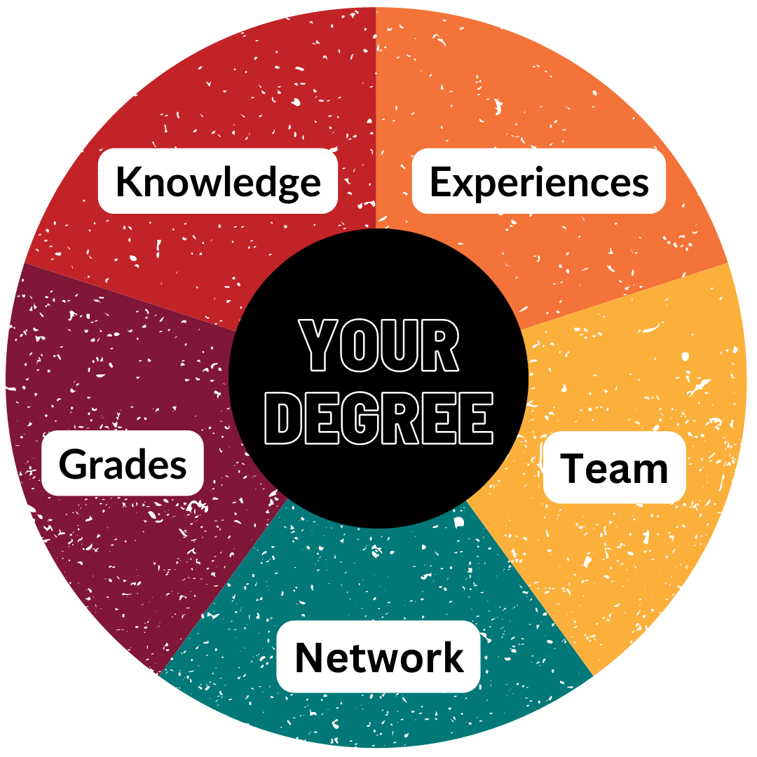 pie chart showing how grades, knowledge, experiences, team and network make up the accomplishments of your degree at lancaster university