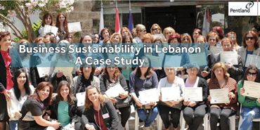 Photo of Group of ladies posing for a photograph while holding their certificates. Text: Business Sustainability in Lebanon- A Case Study. Pentland logo at top right corner