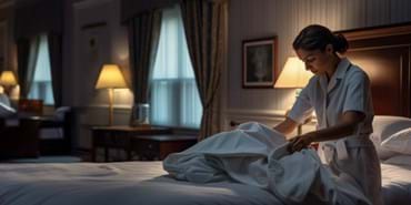 A member of hotel domestic staff changing sheets on a bed 