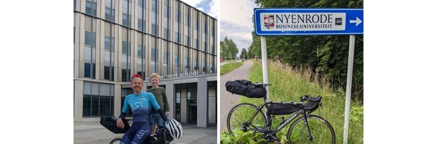The image is split into two pictures. On the left, a man in cycling gear sits sideways on a bike, a grinning child behind him, in front of a building labelled 'management school'. On the right a black bicycle, with luggage strapped to the frame and beneath the saddle, rests on the sign for Nyenrode Business Universiteit.