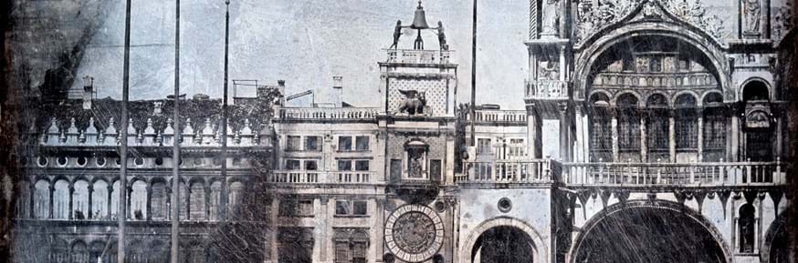 Black and white photograph (daguerreotype) of the clock tower at St. Mark's, Venice.