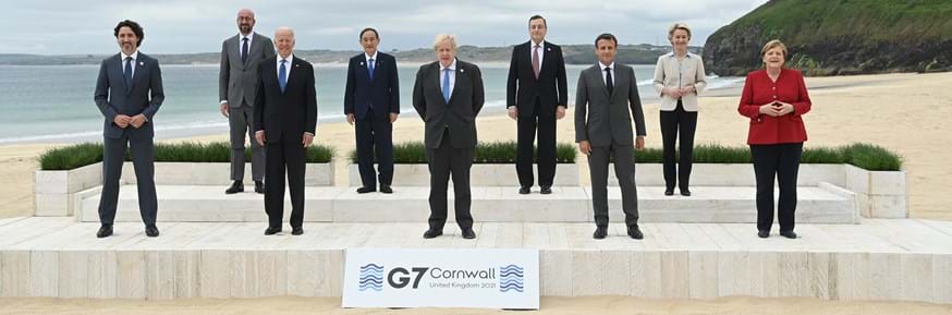 Members of G7 Summit pose for the official family picture at Carbis Bay hotel