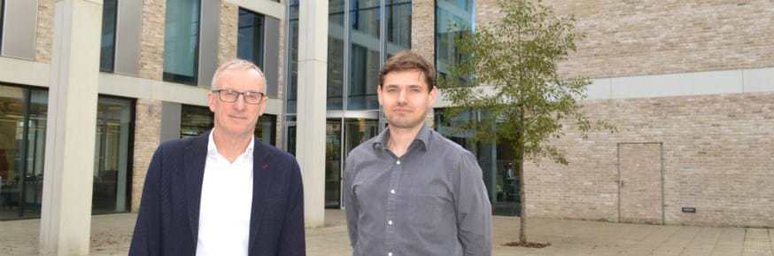Professor Andrew Richardson and Dr David Cheneler stood outside the Engineering Department