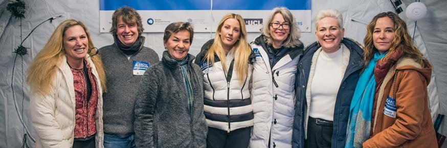 From left: Suzanne DiBianca, Jeremy Wilkinson, Christiana Figueres, Ellie Goulding, Gail Whiteman, Halla Tómasdóttir, Julienne Stroeve at the 2019 Arctic Basecamp in Davos
