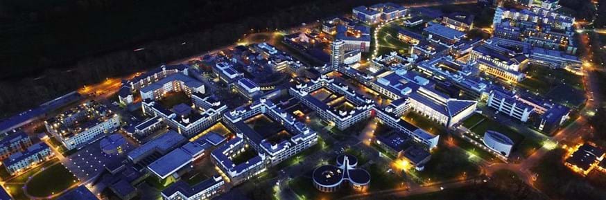 Lancaster University campus at night.