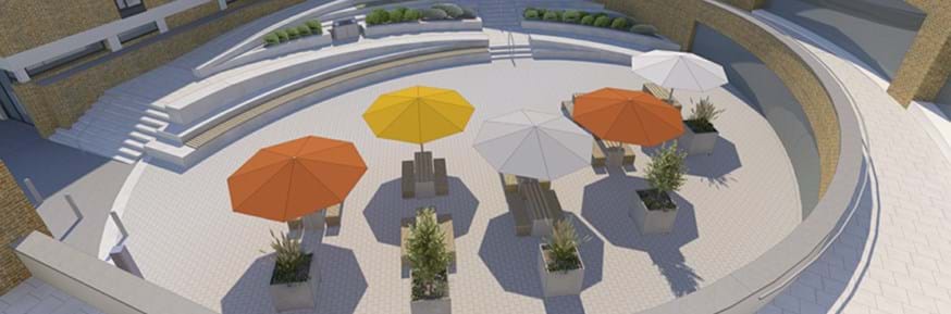 Architects impression of the new Edward Roberts Court showing a remodelled ramp for improved access, additional seating and parasols.