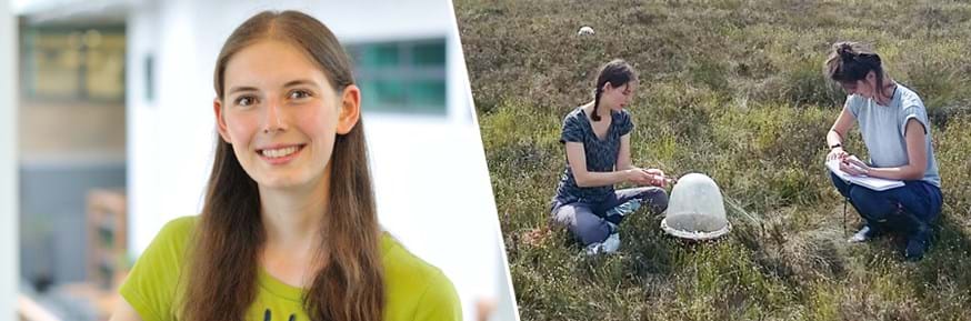 Left: Emily Howes in the Lancaster Environment Centre building smiling to camera. Right: Emily Howes and a colleague sat among bog vegetation in the sunshine taking gas measurements using a transparent plastic dome placed on the ground between them 
