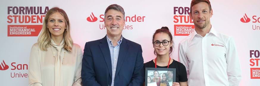 Hannah Burford with Jenson Button (far right) and the face of Formula E Nicki Shields (left) and CEO of Santander UK Nathan Bostock. Karen Ma was unable to attend the ceremony.