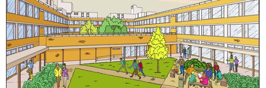 The illustration of Lancaster University Bowland North Quad is in the 'ligne claire' style by Andi Setiawan, PhD Design student
