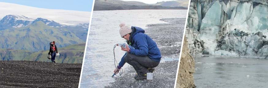 Two pictures of researchers taking samples at the glacier