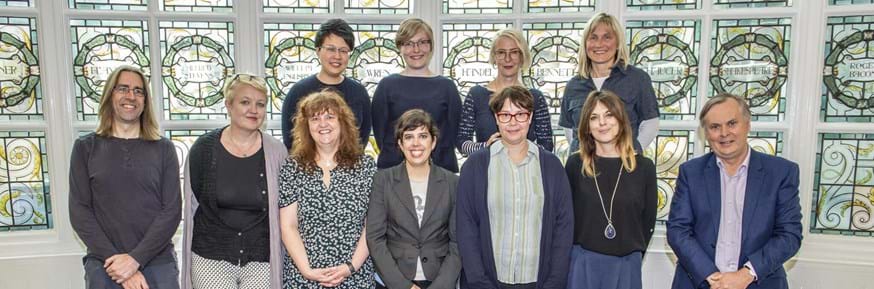 Members of the new team with Head of Department Dr Chris Grover (first from left) and  Incoming Head of department Professor Imogen Tyler (second from left) and (right) Dean of FASS Professor Simon Guy. Front Row (L-R):
Dr Lisa Morriss, Dr Gwyneth Lonergan, Dr Stefanie Doebler, Dr Francesca Coin. Back row (L-R): Dr Eva Cheuk-Yin Li, Dr Emma Fraser, Professor Bev Skeggs and Dr Jadwiga Leigh. New staff missing from picture are: Dr Ala Sirriyeh, Professor Helen Wood and Professor Ted Schatzki.

