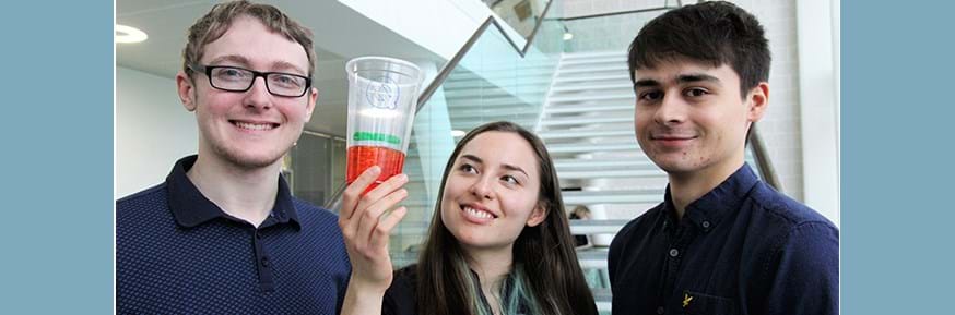 Quench team members Alex Cochrane, Olivia Albrecht and Daniel Williamson with a very early demonstration model indicating how their Quench cups might work