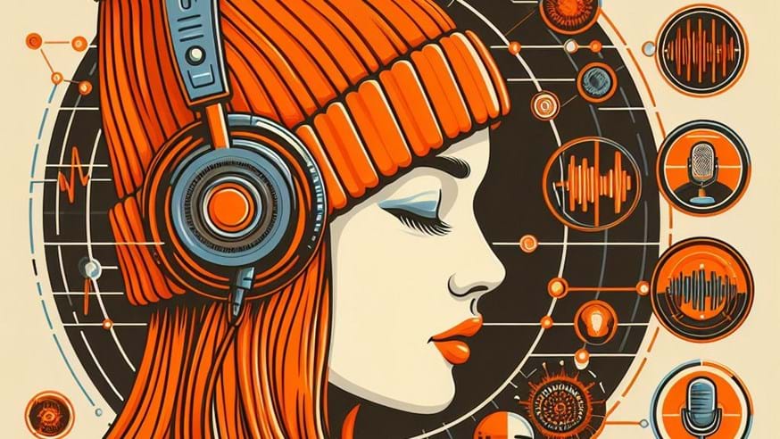 A woman in an orange bobble hat with headphones on, surrounded by small decals of microphones andspectrograms