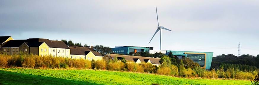 The University's Wind Turbine behind the Infolab on South Campus.