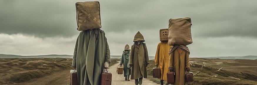 People with suitcases and bags on their heads trudging along a road on a barren moorland landscape