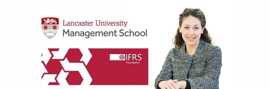 Professor Argyro Panaretou smiles at the camera. Her picture sits next to logos for Lancaster University Management School and the International Financial Reporting Standards