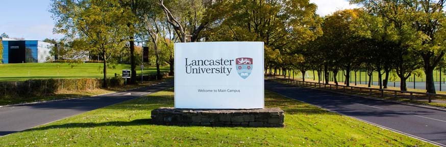 Lancaster University sign at the main entrance of campus