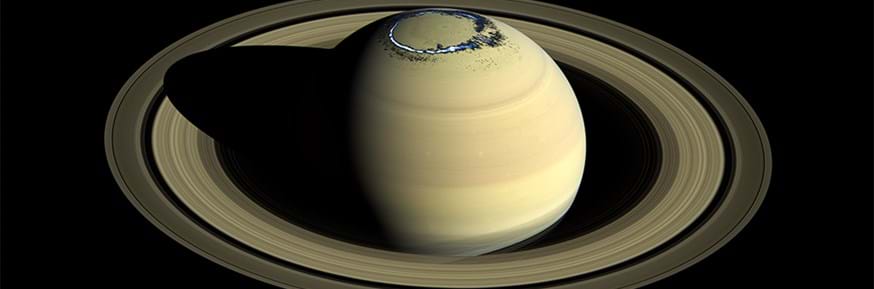 Composite of a true colour image of Saturn, observed by Cassini in 2016, overlaid with a false colour representation of the ultraviolet aurora in the northern hemisphere as observed on 20 August 2017. 