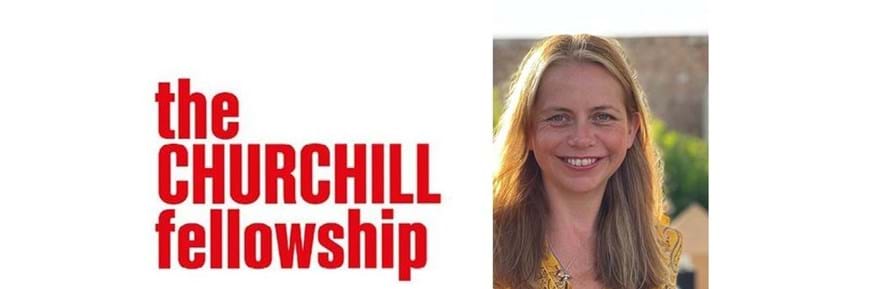 Dr Cath Hill with the Churchill Fellowship logo