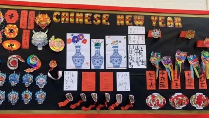 'Chinese New Year' board with children's work