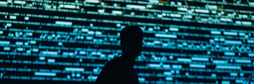 Silhouette of a person in front of a screen of code