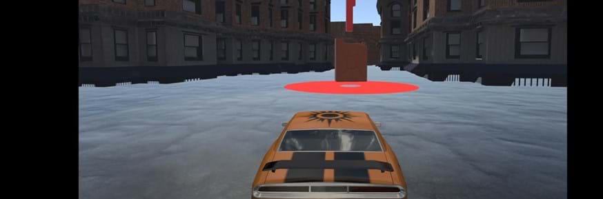 A still image from the City Hero Quest mobile game. Video created by Antoine Coutrot (CNRS) and game created by Sarah Goodroe and Chris Gahnstrom (both UCL). Shows a car floating through a cityscape.