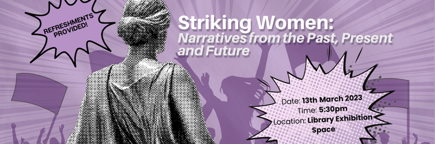Banner depicting 'Striking Women' event including time, date and details