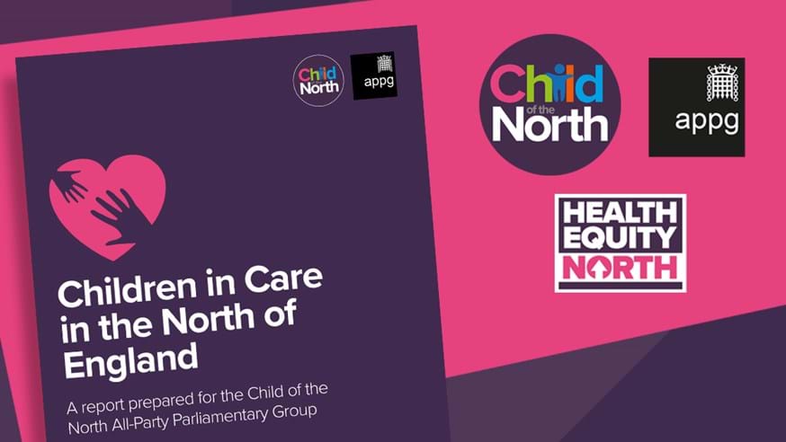 Front cover of report (pink and purple background) bearing wording Children in Care in the North of England