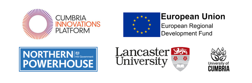 The CUSP logo and logos of the ERDF, Northern Powerhouse, Lancaster University and University of Cumbria