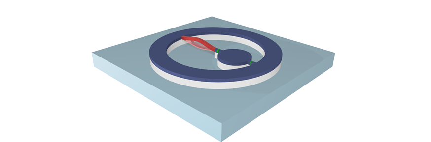 The displacemon device consists of a mechanical resonator (red) which is coupled to a superconducting qubit (dark blue). As the resonator sweeps up and down it modifies the state of the superconducting qubit.