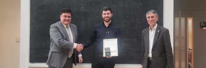 Professor George Aggidis (left) and Professor Claudio Paoloni congratulate William Hunt who received the IMechE: Lancaster University Project Award