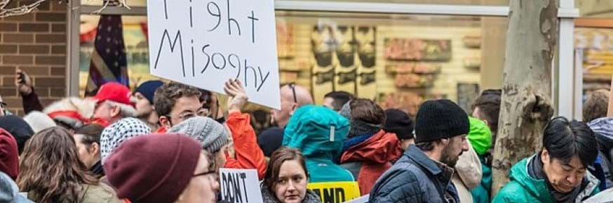 Someone holding a sign saying 'fight misogyny'