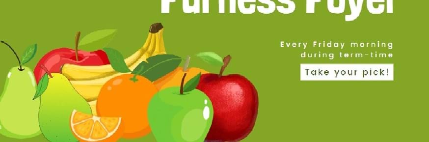 Green background with image of various pieces of fruit adverting Free Fruit Fridays in Furness Foyer every Friday morning during term time - take your pick!