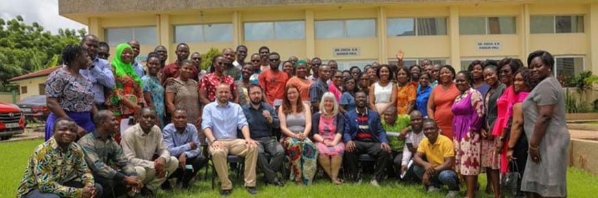 front row centre right: Professor Nancy Preston and Dr Yakubu Salifu at the Ghana Registered Nurses and Midwives' Association (GRNMA) National Secretariat in Accra
