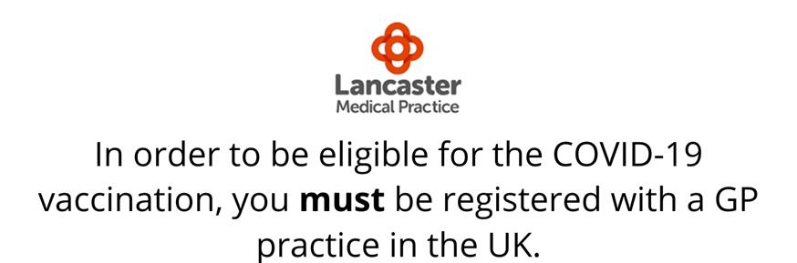 Lancaster Medical Practice logo and instructions for how to be eligible for the Covid-19 vaccination.