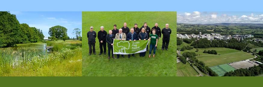 Images of Lancaster's parkland, an aerial view of campus and staff posing with the Green Flag