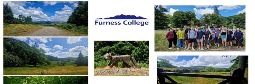 A selection of photos of a College trip to Grizedale forest in June 2023, the majority show landscapes and one is a group photo of the students who attended