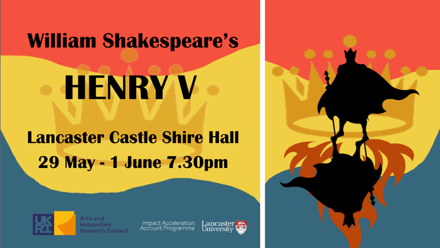 Poster for the performance at the Shire Hall with dates and a dramatic silhouette of Henry on a background of orange, grey and yellow