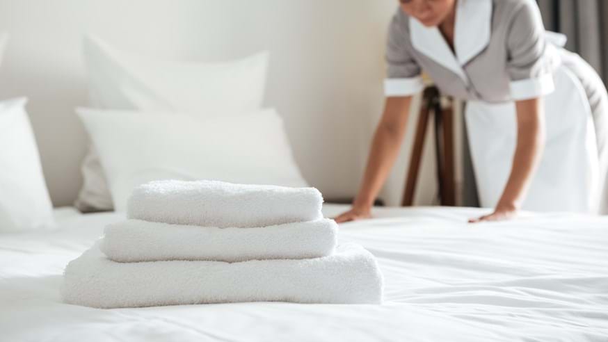 forefront of image is a stack of clean towels piled on a hotel bed with a young, female hotel worker making the bed in the background, slightly out of focus