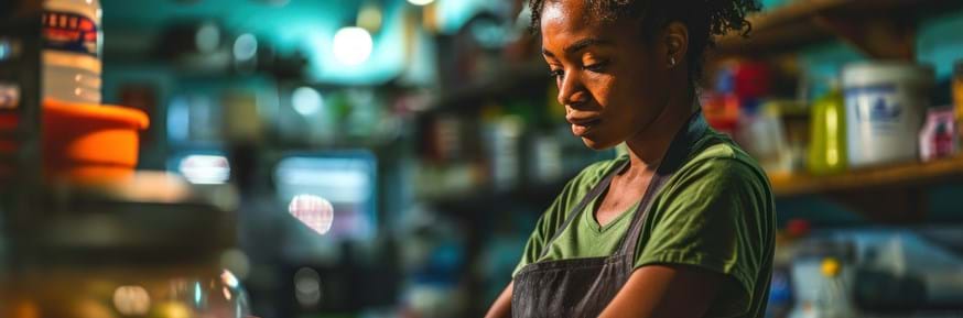 An image of a young black woman wearing an apron and working behind the counter of a coffee shop or grocery store