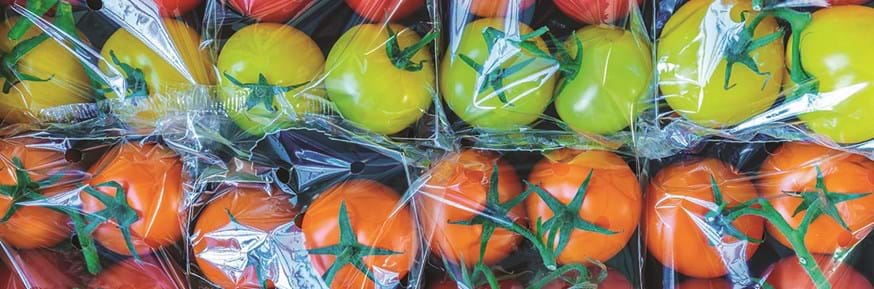Plastic wrapped packets of tomatoes for sale in a supermarket