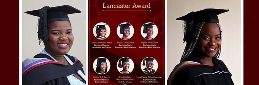 The Founders’ Award recipient, Princess Portia Naa Lamiley Mills; the six students presented with the Lancaster Award; and Oluwatofunmi Precious Temowo, winner of the The Chancellor’s Medal