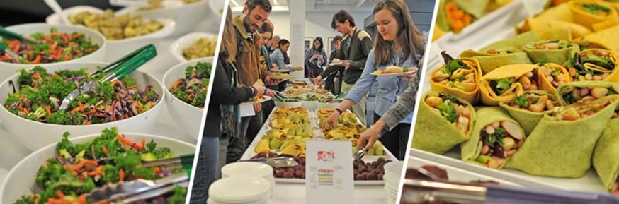 Composite image of the sustainable lunch at Lancaster Environment Centre's Winter Conference. Fresh green salads (left), bean mixed filled wraps (right) and staff and students dig in to the buffet (centre).