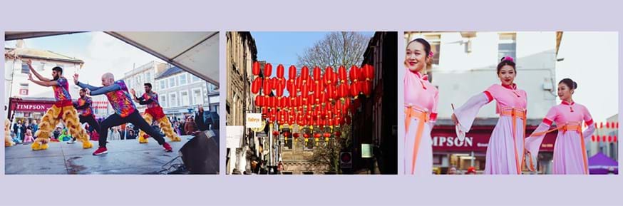 Collage of Chinese festival including dancers and lanterns