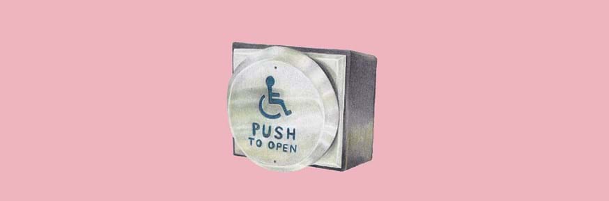A drawing of a silver disabled access button saying 'push to open' beneath an picture of a person sat in a wheelchair.