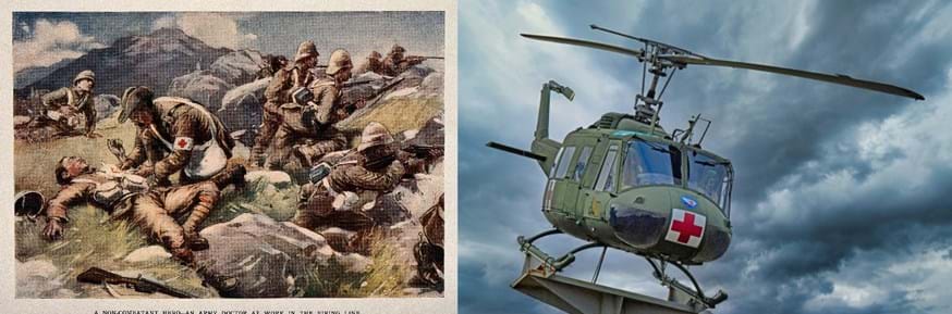 Illustration of army doctor in the field and photograph of medevac helicopter