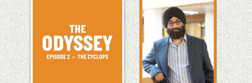 Image shows Tajinder Hayer who is working with the National Theatre to adapt Homer's The Odyssey. He is working on The Cyclops’ episode - branding also featured in the image - to be staged next April.