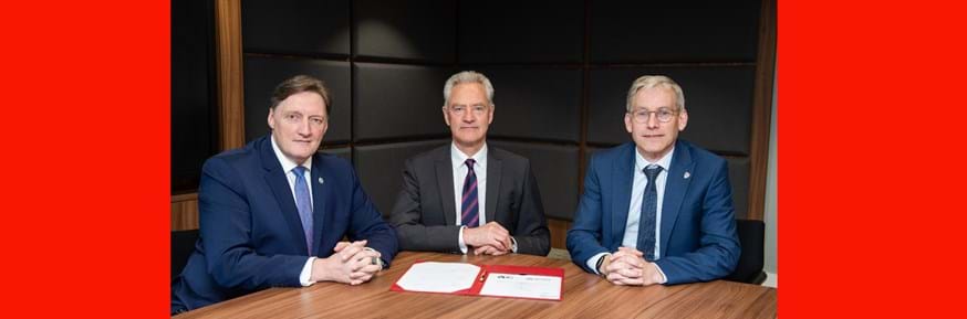 L-R: Templar Executives Limited CEO Andrew Fitzmaurice, Nuclear Decommissioning Authority CEO David Peattie, Vice-Chancellor of Lancaster University Andy Schofield.