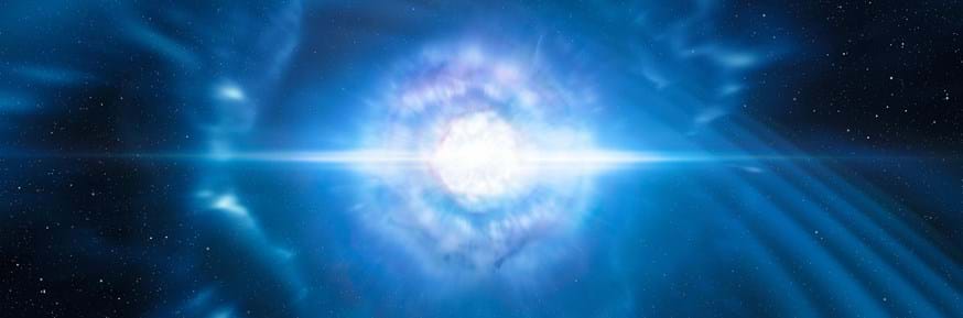 An artist’s impression shows two tiny but very dense neutron stars at the point at which they merge and explode as a kilonova 
