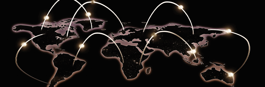 black and white world map with connecting light strands